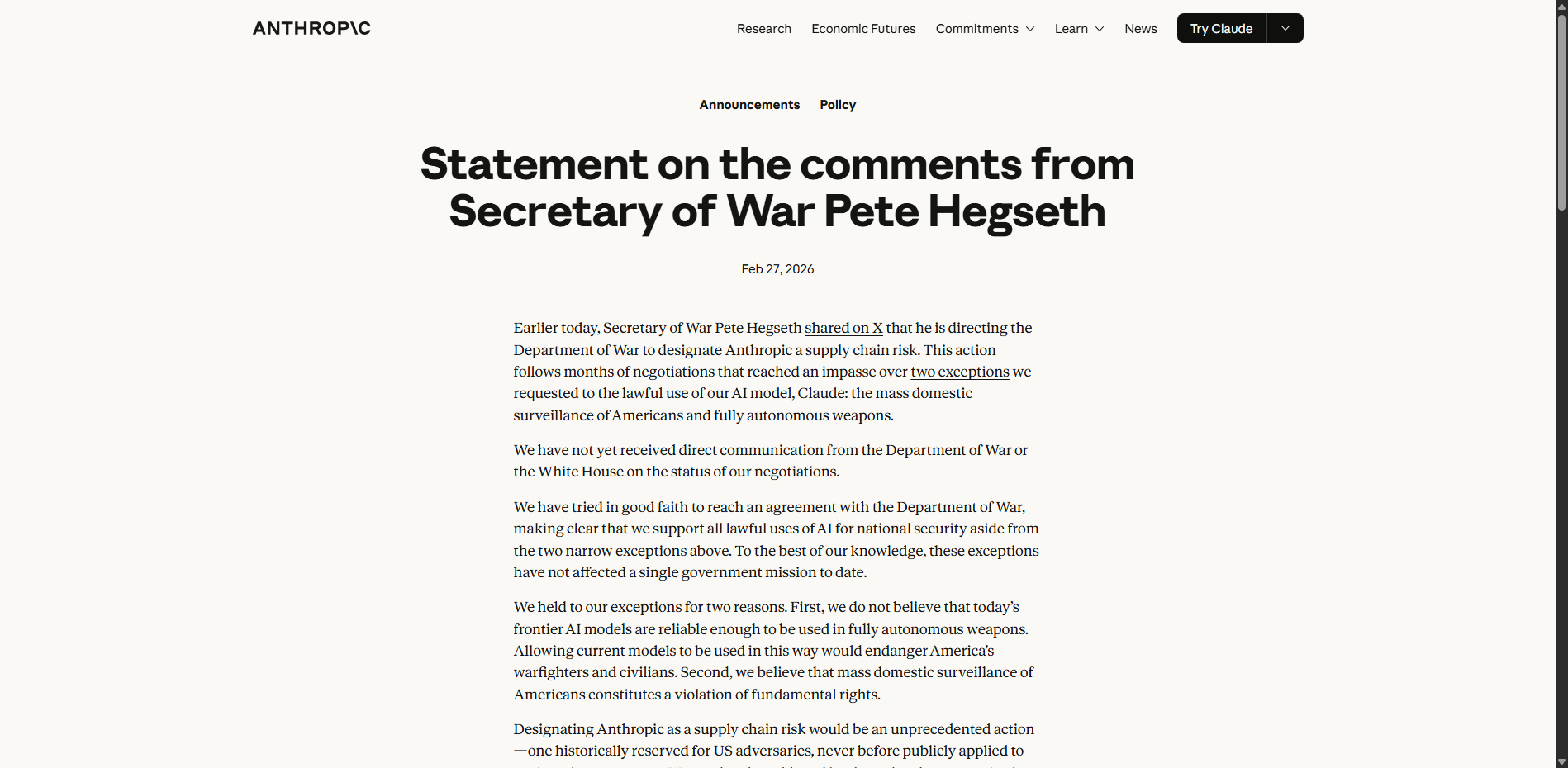 国防部“拉黑”AI公司Anthropic，供应链风险警告背后暗流涌动 
