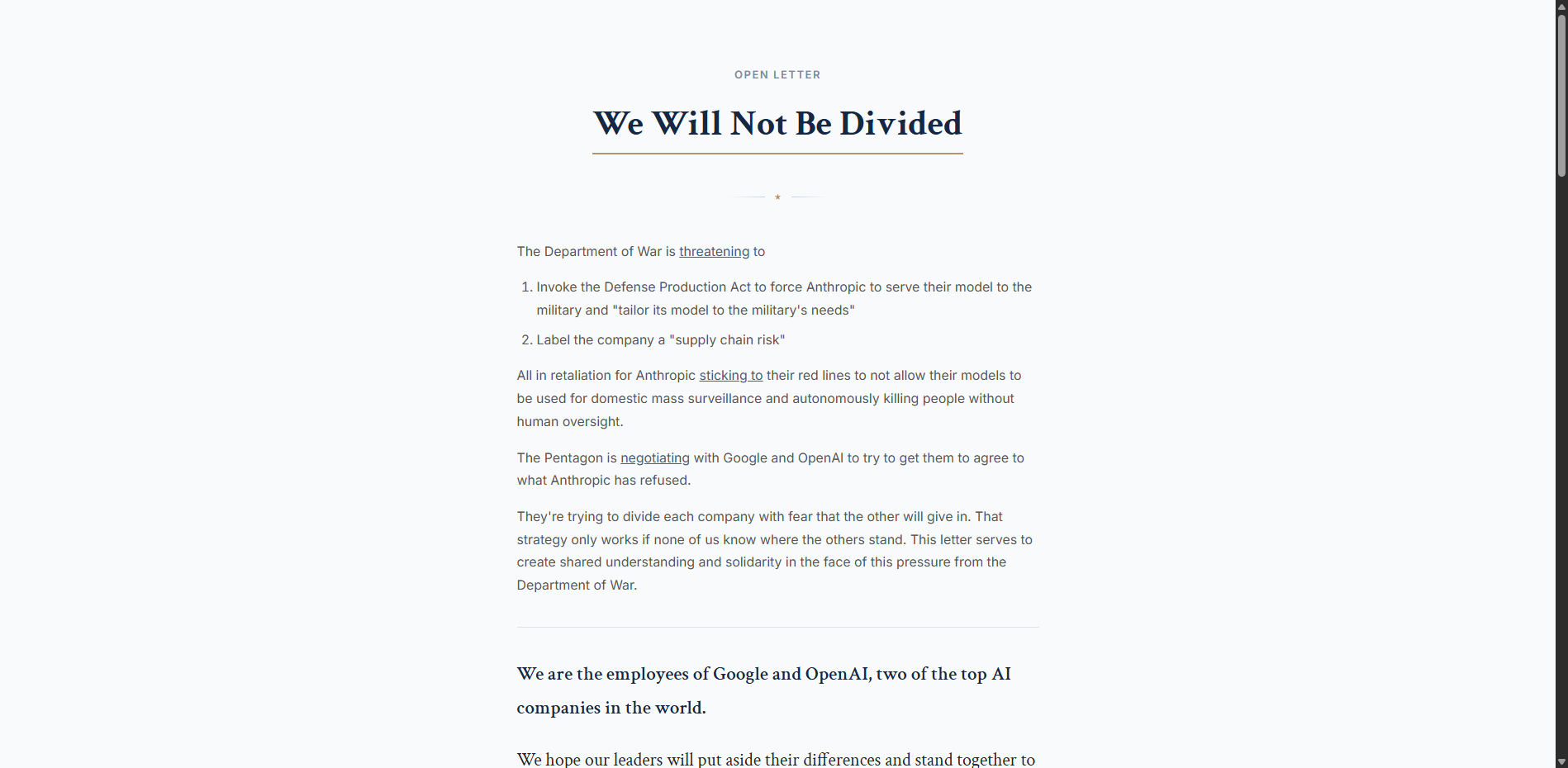 AI员工公开信怒斥五角大楼：我们不会被分裂！ 